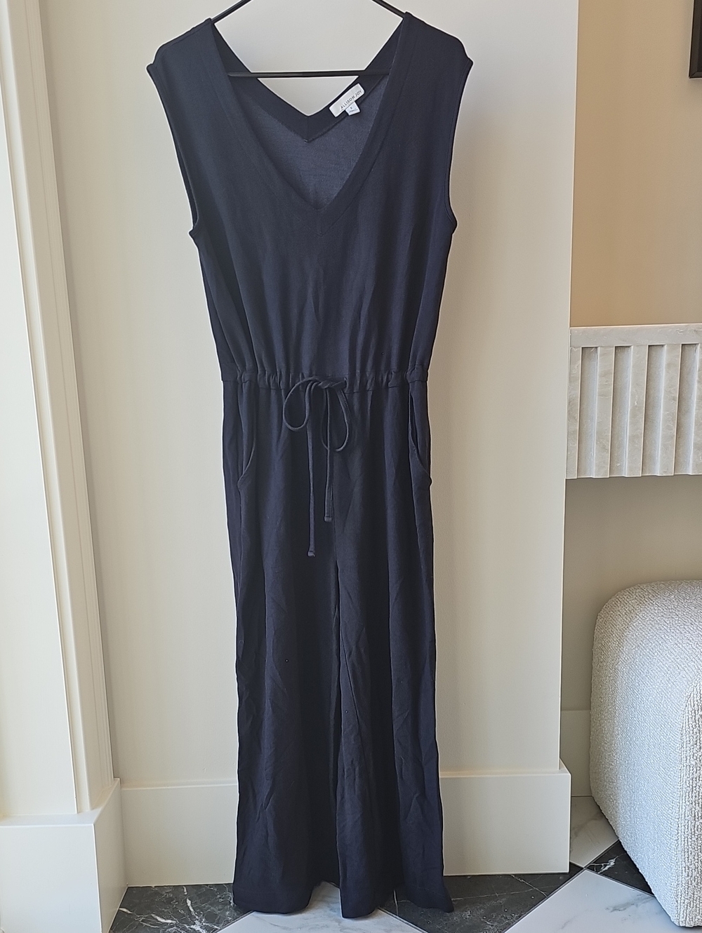 Allison Joy Navy Sleeveless V-Neck Ankle Length Jumpsuit with Drawstring Waist